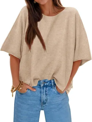 Produktbild von Imily Bela Damen-Strickpullover mit halbem Arm – Oversize, U-Boot-Ausschnitt, lockere Passform – Trendige Casual-Oberteile für den Herbst