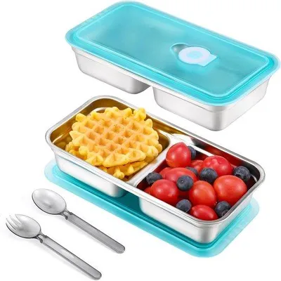 Zdjęcie produktu dla Pudełko na lunch ze stali nierdzewnej 304 z pokrywką, 2 szczelne, wielokrotnego użytku pojemniki na przekąski z dwiema przegrodami, idealne na podróże i kemping