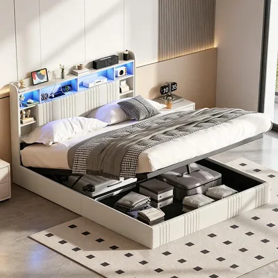Image de INONEFT : Lits à sommier tapissés 160x200 avec éclairage LED et ports USB/C, lit hydraulique avec espace de rangement, tête de lit, structure de lit double moderne, en lin, couleur beige