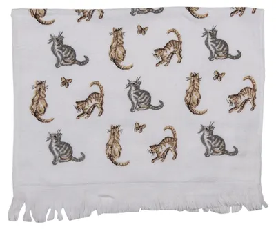 Produktbild von Clayre & Eef Gästehandtuch 40x66 cm Weiß Grau Baumwolle Katzen