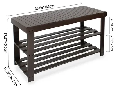 Zdjęcie produktu dla Bambusowa półka na buty, ławka, 3 poziomy, kolor ciemnobrązowy, idealna do przedpokoju