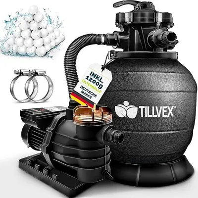 Produktbild von Sandfilteranlage Pool mit Timer 13.200L/h bis 40.000L + 1200g Filterbälle | Filteranlage 7-Wege Ventil & 2in1 Adapter ?32-38mm | Poolfilter Sandfilter Selbstansaugend (Schwarz)