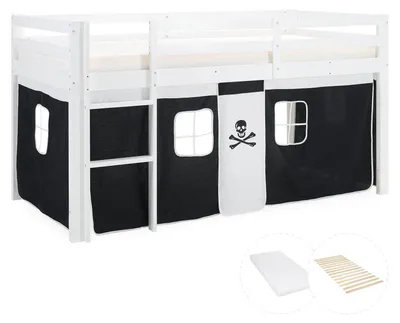 Produktbild von Homestyle4u Hochbett 90x200 Kinder mit Lattenrost mit Matratze Standard 100 Vorhang Schwarz Pirat Junge Weiß Holz mit Rausfallschutz