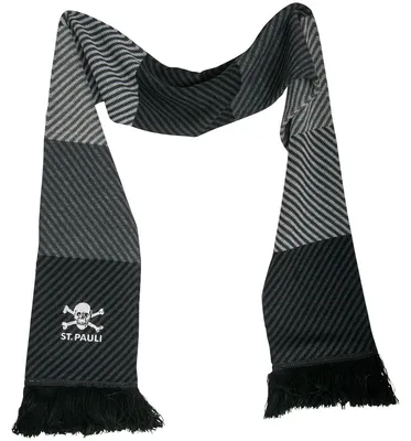 Produktbild von FC St. Pauli Schal Totenkopf Block, Original Fanartikel, Grauer Fanschal mit diagonalem Blockstreifenmuster und Totenkopf-Stick, 100% Biobaumwolle