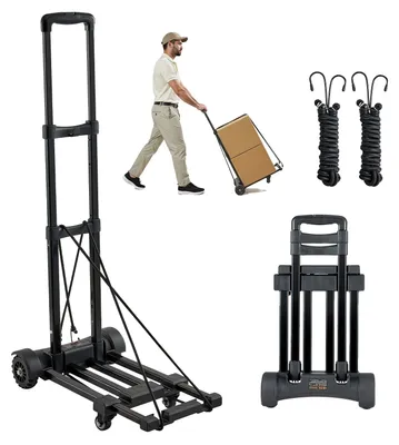 Immagine prodotto di VEVOR carrello portasacchi pieghevole, capacità di carico 131,5 kg, carrello da trasporto con 4 ruote, 2 corde elastiche e base espandibile, carrello da trasporto per aeroporti, bagagli, traslochi in ufficio, nero, 530x320x970mm