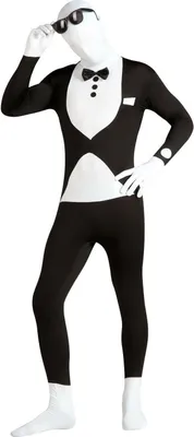 A person wearing a full-body tuxedo costume.