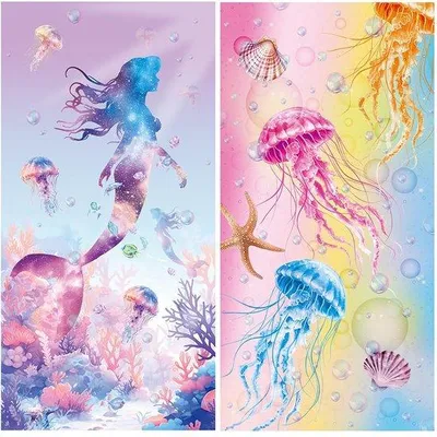 Produktbild von Ibenzoa® Mikrofaser-Strandtücher 2er-Set – Extra groß 150 x 75 cm, sandfrei & schnelltrocknend, 100% Mikrofaser (230 GSM), buntes Meerjungfrauen- und Quallen-Design