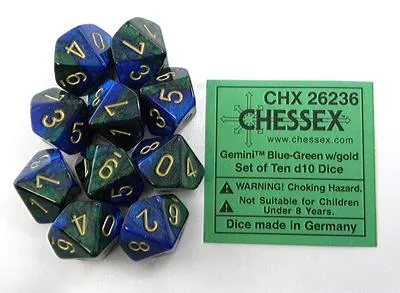 Imagen del producto de Conjunto de 10 dados D10 Chessex Gemini, color azul-verde/dorado