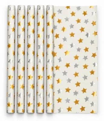 Produktbild von Benza – Star-Shine Geschenkpapier – 5 Rollen à 70 × 200 cm – Goldene und silberne Sterne – Cremeweiß – Geschenkpapier für Weihnachten und Geburtstage, KI-generiertes Bild
