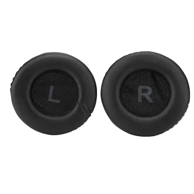 Two black ear pads for headphones, labeled 'L' and 'R'.