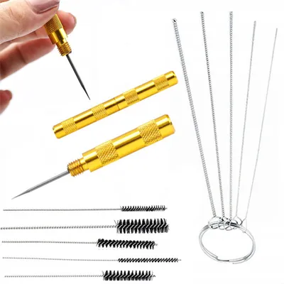 Productafbeelding van Reinigingsborstels en Gouden Prikpen Set – Metaal 5 Stuks | Naalden 0,5–1,4 mm RVS | Voor Spuitpistool