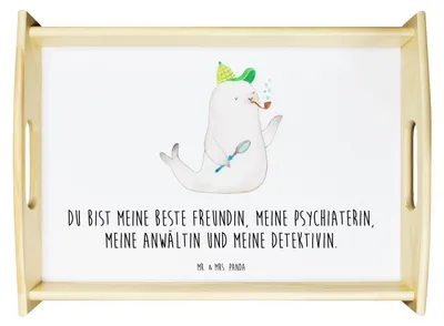 Produktbild von Mr. & Mrs. Panda Deko Tablett Robbe Sherlock - Weiß - Geschenk, Holztablett, Servier, Lustige Sprüche, Servierplatte Holz, sofatablett, serviertablett aus