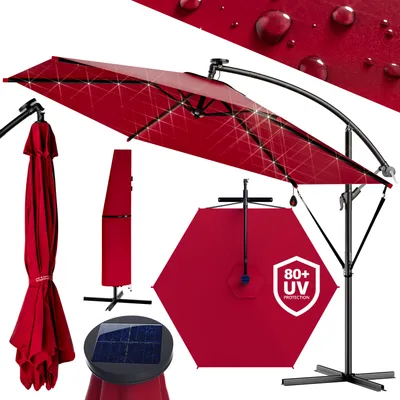 Produktbild von KINGSLEEVE® Ampelschirm LED Beleuchtung UV Schutz 80+ Solar Ständer Schutzhülle 300cm Groß Kurbel Balkon Terrasse Gartenschirm Sonnenschirm Rot