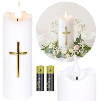 Produktbild von Weiße LED-Kerze mit Kreuz und Flammeneffekt, batteriebetriebener Grablichteinsatz, 15,5 cm