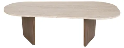 Produktbild von Skye Decor, Hochwertiger Couchtisch, Travertin & Walnuss, 130 x 40 x 65 cm | 100% melaminbeschichtete Spanplatte, 18 mm dick | Moderner, eleganter Design für Ihr Zuhause.