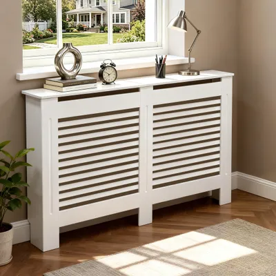 Immagine prodotto di FATIVO Copritermosifone 152x19x92cm-Copritermosifone alto in bianco, in MDF spessorato, a lamelle orizzontali