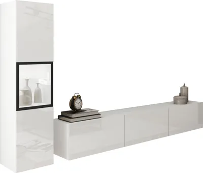 Produktbild von MIRJAN24 Wohnwand Berlin I, Stilvoll Wohnzimmer-Set, TV-Schrank, Modern Mediawand (Weiß / Weiß Hochglanz, mit Beleuchtung)