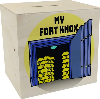 Produktbild von My Fort Knox Spardose aus Holz mit Tresor und Goldbarren Motiv