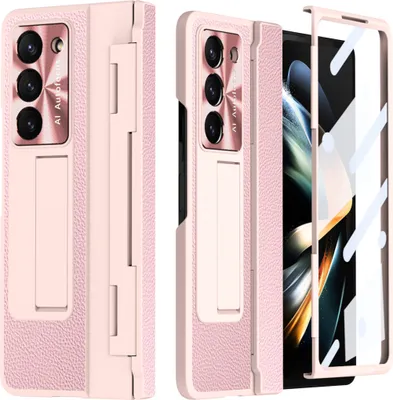 Produktbild von Hülle für Samsung Galaxy Z Fold 6 mit Displayschutz & Objektivschutz Litschi Ständer Schutzhülle Pink