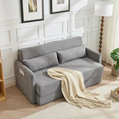 Immagine prodotto di okwish Divano Divano letto a 2 posti Divano modulare Funzione 2 in 1 Divano a terra Divano letto con cuscino lombare e 2 tasche portaoggetti Soggiorno Tessuto in velluto a coste Grigio