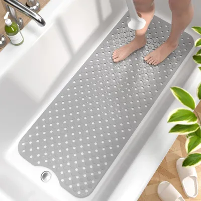 Zdjęcie produktu dla Mata antypoślizgowa do wanny, 101 x 40 cm, szara, wykonana z PVC, odporna na pleśń, można prać w pralce