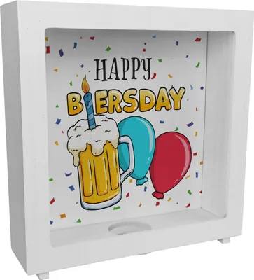 Produktbild von Happy Biersday Rahmen Spardose aus Holz mit Bier und Ballons