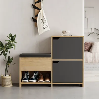 Zdjęcie produktu dla Skye Decor, Ławka na buty Haven - dąb, antracyt, szafka na buty, 100% PŁYTA POWLEKANA MELAMINĄ, antracyt, 101,5 x 35,5 x 80,5 cm