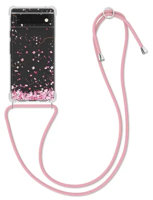 Produktbild von kwmobile Necklace Case kompatibel mit Google Pixel 6 Hülle - Silikon Cover mit Handykette - Rosa Dunkelbraun Transparent Kirschblütenblätter