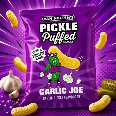 Productafbeelding van Van Holtens Pickle Puffed Snacks, smaak: Garlic Joe, 50g
