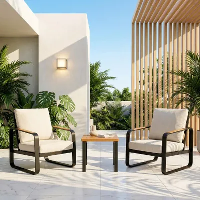 Produktbild von Tribesigns 3-teiliges Terrassenmöbel-Set mit 2 Sesseln und 1 Beistelltisch, schwarzer Metallrahmen mit 15 cm dicken Kissen, modernes Sitzgarnitur für