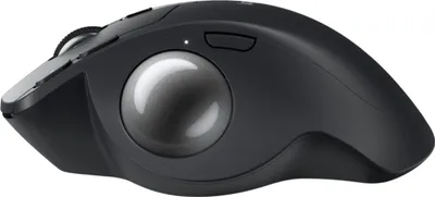 A black Logitech trackball mouse is shown from a side angle against a white background.