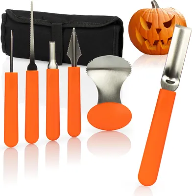 Produktbild von com-four® 6-teiliges Kürbis Schnitz-Set für Halloween - Schneide-Werkzeuge zum Aushöhlen von Kürbissen - Tasche mit Säge, Löffel, Schnitzwerkzeuge
