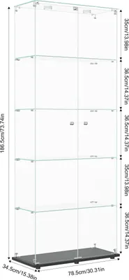 Obrázok produktu pre Sklenená vitrína – stojaca vitrína – 5 políc – 2 dvere so zámkom – LED osvetlenie s dotykovým ovládaním – 186,5 × 34,5 × 78,5 cm – čierny podstavec