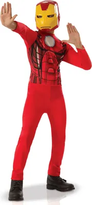 A child wearing an Iron Man costume, posing with hands up.