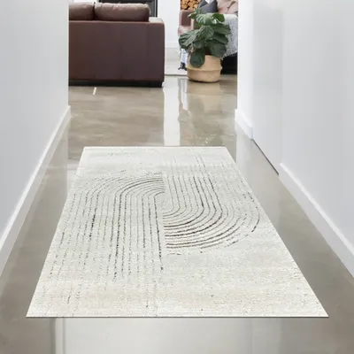 Image de Tapis de salon effet 3d avec motif rayé crème gris Taille - 80 x 150 cm