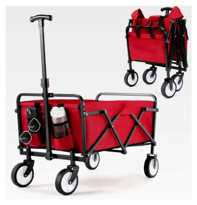 Produktbild von Faltbarer Bollerwagen mit All-Terrain-Rädern, Gartenwagen mit Getränkehalter und verstellbarem Griff, klappbarer Transportwagen für Strand, Garten, Einkäufe und Camping (Rot)