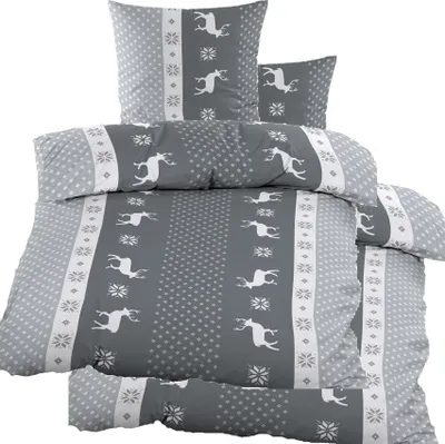 Produktbild von 4-tlg. Biber Winter Bettwäsche 2x (135 x 200 + 80x80 cm), 100% Baumwolle, grau, Hirsche/Streifen