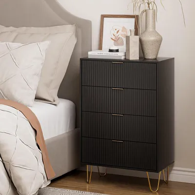 Productafbeelding van Commode/dressoir met 4 lades, 34x60x91 cm, houten ladekast met gouden poten, zwart