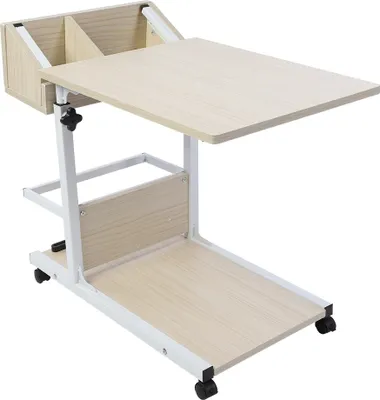 A portable, adjustable laptop table with wheels, a drawer, and storage compartments, shown against a white background.