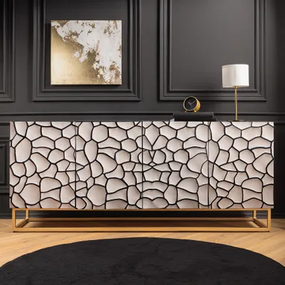 Produktbild von riess-ambiente Sideboard VULCANO 180cm weiß schwarz gold massives Mangoholz Metallgestell mit 3D Schnitzereien