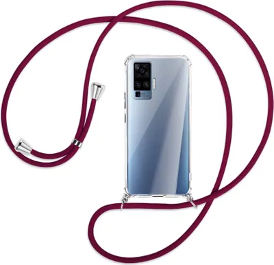 Produktbild von Handykette Backcover-Schutzhülle mit Band (Metall silberfarben) für vivo X50 Pro, X51 5G - dunkelrot