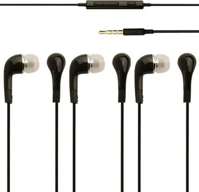 A set of black in-ear headphones with a control unit and a 3.5mm jack.