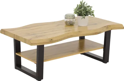Zdjęcie produktu dla Stolik kawowy Gabriel o wyglądzie krawędzi drzewa - dekor dzikiego dębu - metalowa rama w kształcie litery U - duża półka 110x60 cm