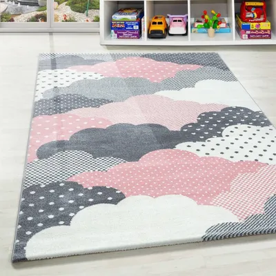 Produktbild von Kinderteppich fürs Babyzimmer mit Wolkenmuster in Rosa, Grau und Weiß 160x160 cm Rund