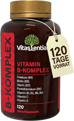 Produktbild von Vitamin B-Komplex – Alle B-Vitamine B1, B2, B3, B5, B6, B7, B9, B12, C, E – Thiamin, Pantothensäure, Niacin, Folsäure & Biotin – Energie