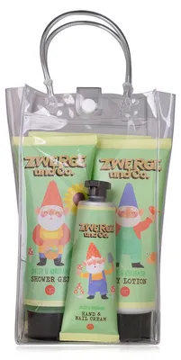 Image de Sac transparent « Zwerge und Co » contenant du gel douche, une lotion pour le corps, une crème pour les mains et les ongles