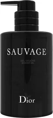 A black bottle of Dior Sauvage shower gel with a pump dispenser.