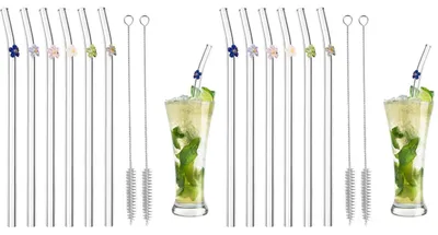 Produktbild von Glasstrohhalme Wiederverwendbar 6 Stück mit 2 Reinigungsbürsten Gebogen Bunt Blumen 19 cm