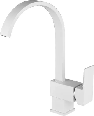 A white kitchen faucet with a curved spout and a single lever handle, isolated on a white background.
