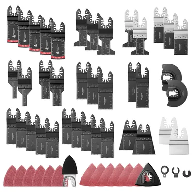 Immagine prodotto di Kit di accessori da 160 pezzi per utensili oscillanti, che include 36 lame da taglio, 2 dischi abrasivi, 2 raschietti e 120 fogli di carta abrasiva, adatto per legno, plastica e metallo